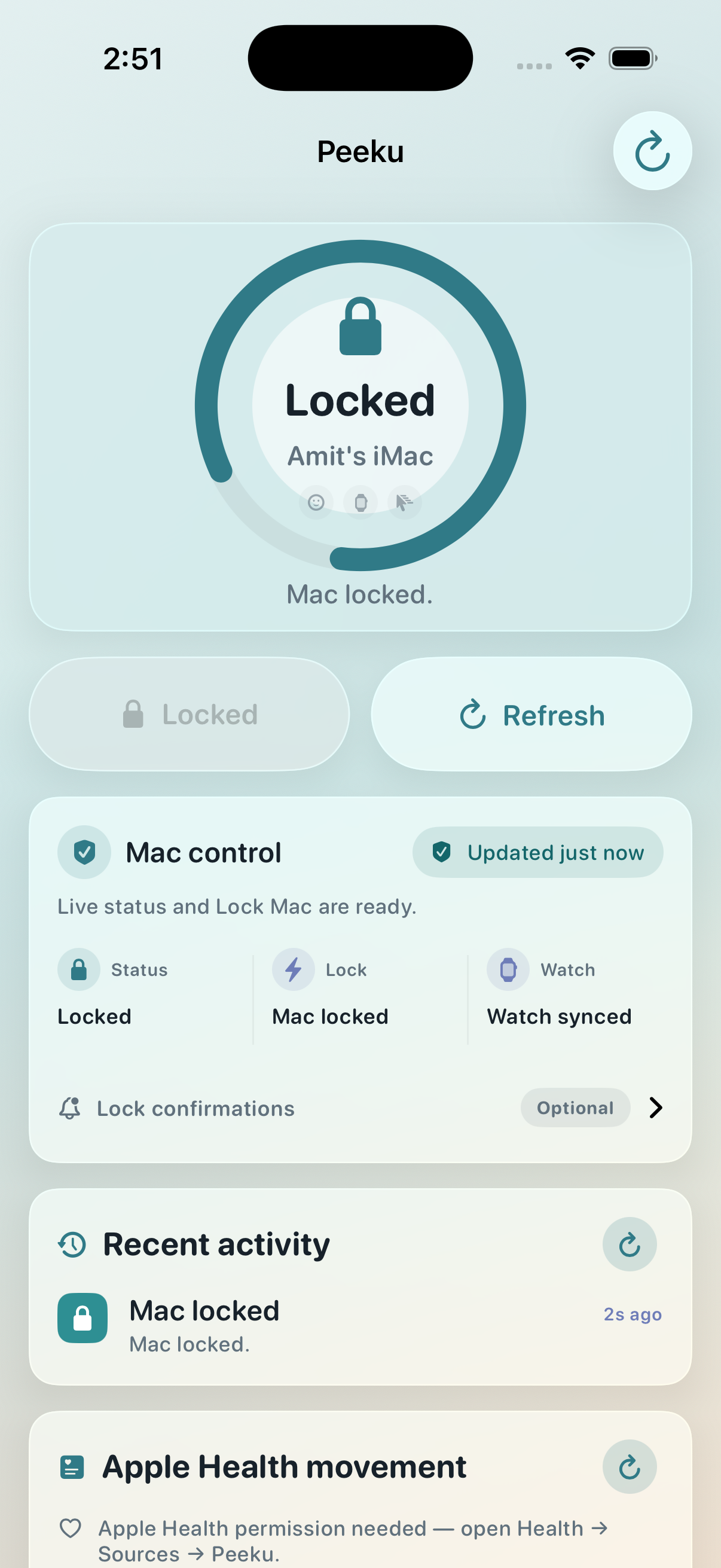 Peeku iPhone companion showing the paired Peeku Mac app locked.