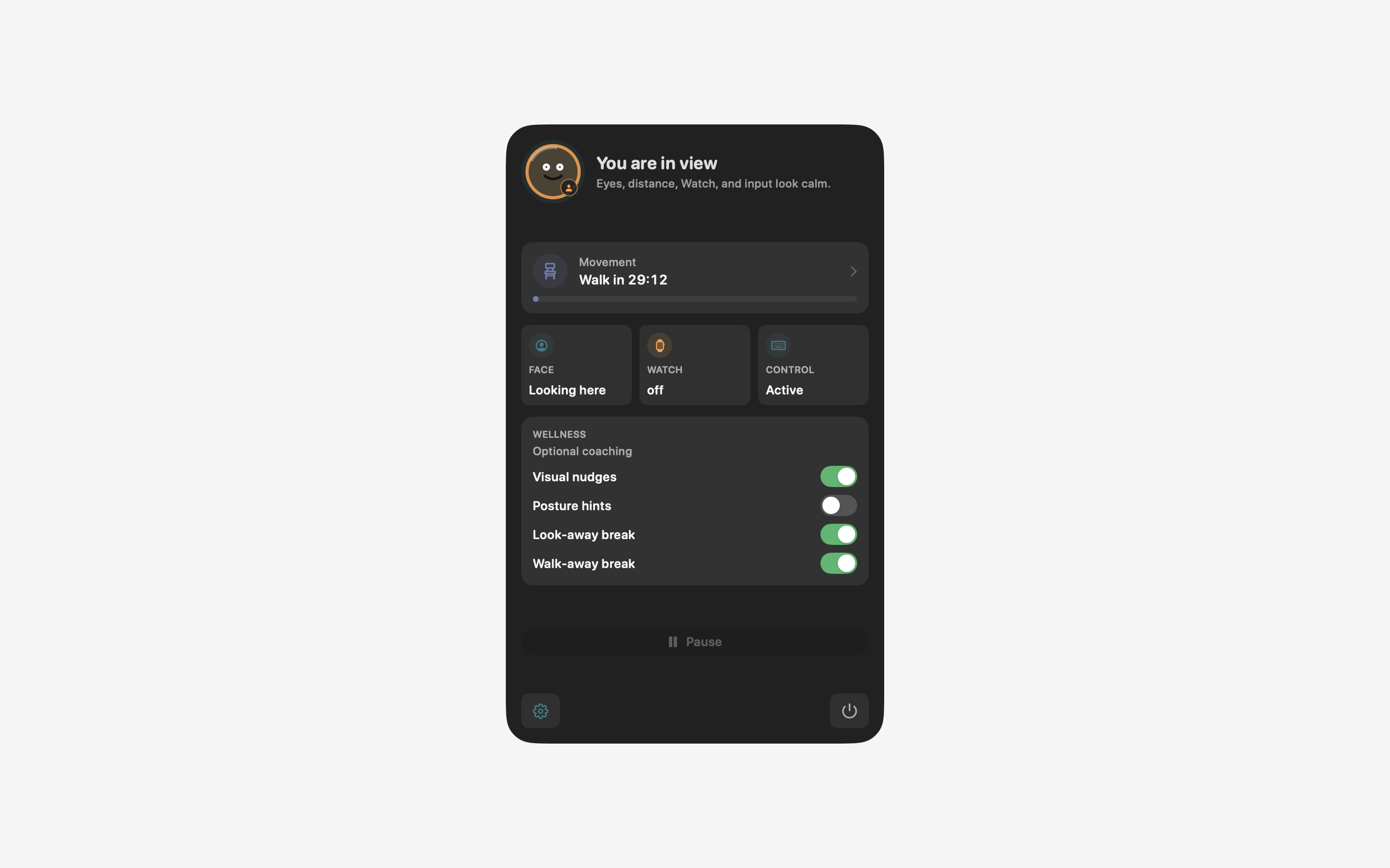Peeku Mac menu showing local face, Watch, and wellness signals.