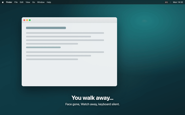 Peeku walk-away demo: you are in view, you walk away, the Mac locks itself.