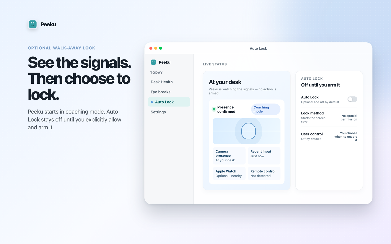 Peeku optional walk-away locking on Mac