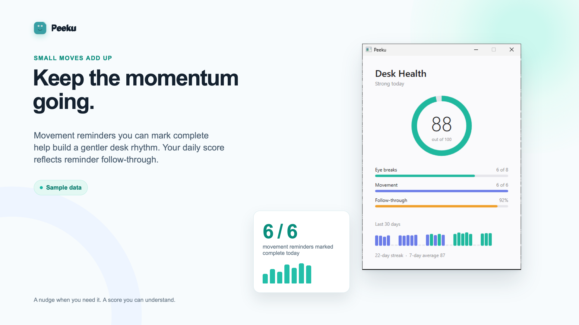 Peeku movement reminders and score on Windows